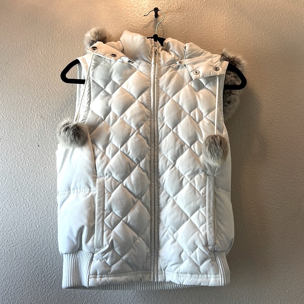 Ann Taylor Loft Petite Small Puffer Vest With Removable Hood White/Cream